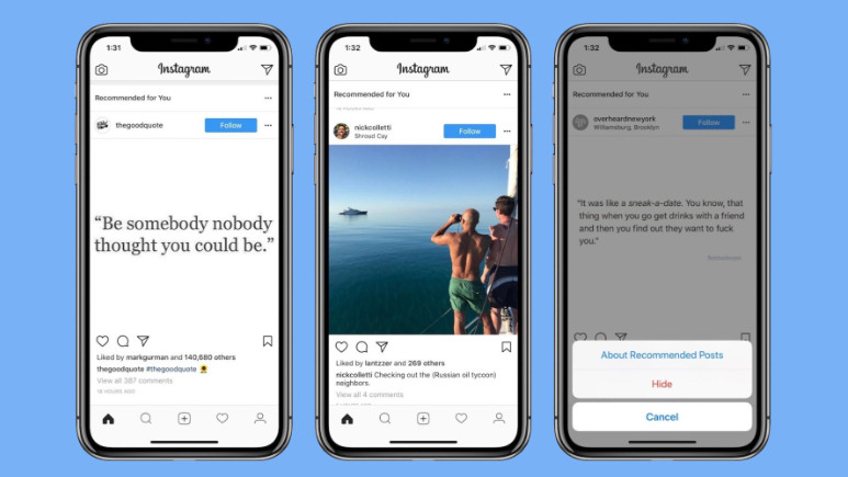 Instagram önerileri artık akış sayfasında